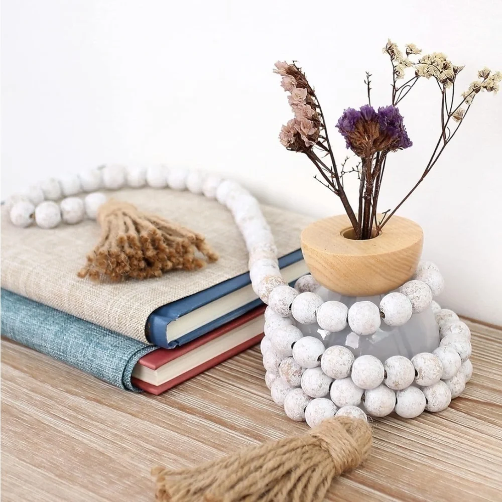 Rustic Boho Farmhouse Distressed White Beads/Wood Tie Tassel Garland Home Decor
